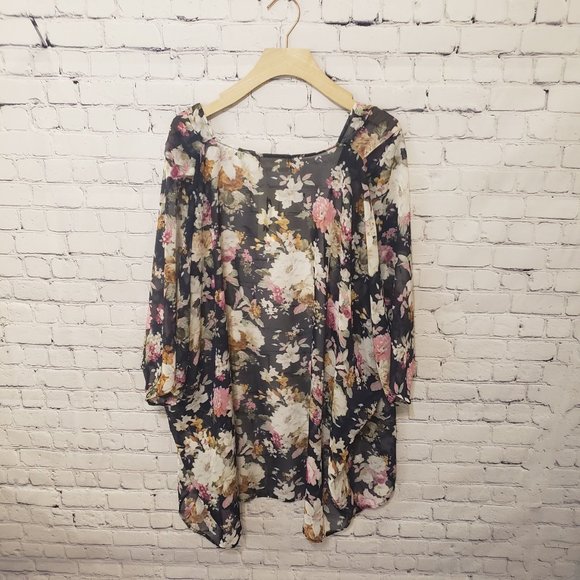 Shop Impressions Floral Kimono Overlay Sz L - Picture 4 of 7